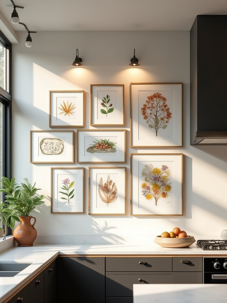 Vertical kitchen wall featuring a curated culinary-inspired gallery with varied frames and warm lighting.