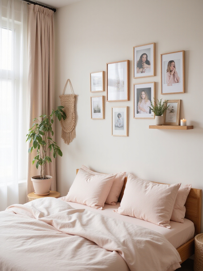 Vertical portrait of a cozy bedroom with a curated gallery wall above the bed