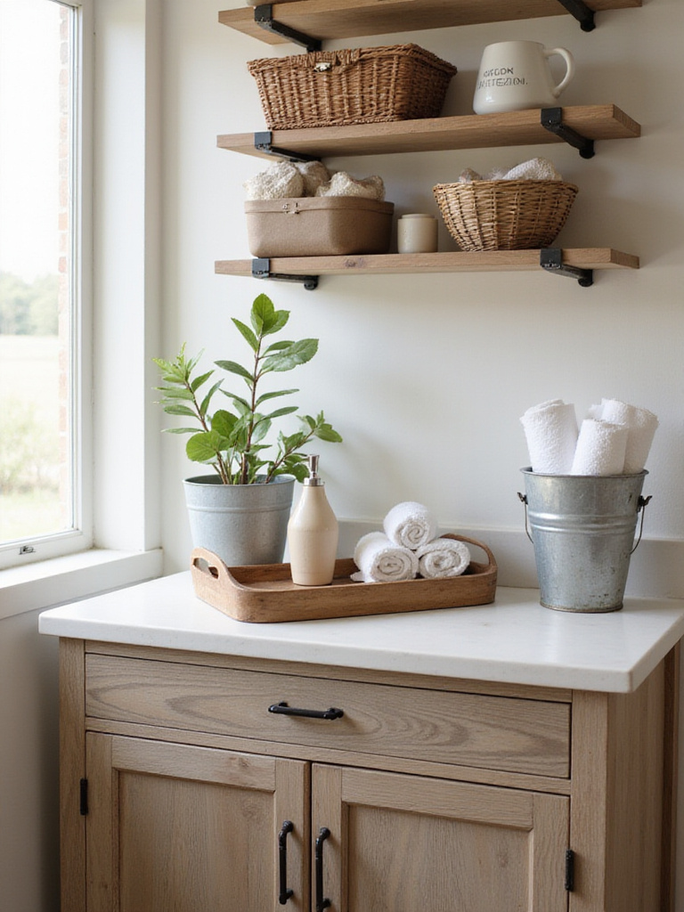Curated farmhouse bathroom accessories on vanity display