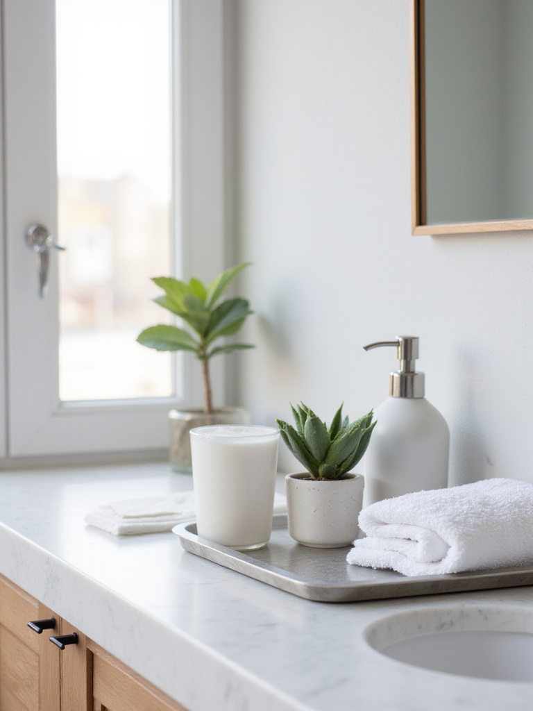A minimalist and luxurious bathroom vignette featuring marble counter, sleek soap dispensers, green succulent, and plush towel, symbolizing a defined bathroom aesthetic.