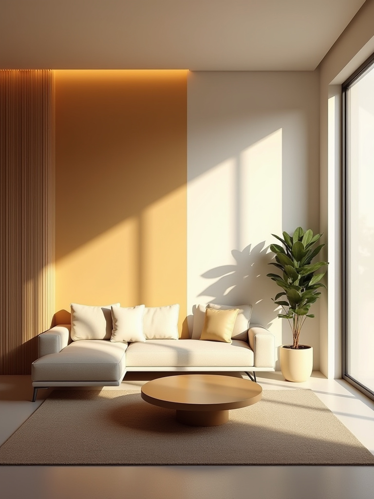 Living room illustrating a subtle transition from warm, cozy light to brighter, cool light, demonstrating different ambiances for defining mood with lighting.