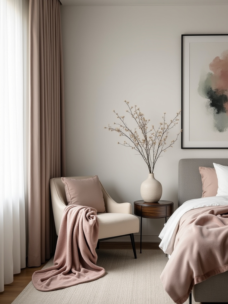 A beautifully curated bedroom corner, showcasing harmonious design elements like artwork, throw, and vase, representing a defined mood and personal style vision.
