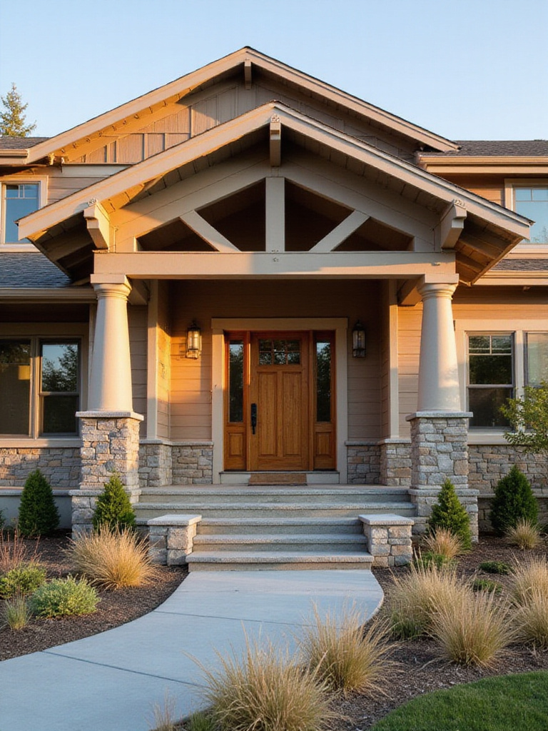 Front yard reflecting the home’s architectural style with cohesive decor and landscaping.