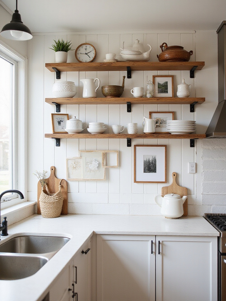 Portrait shot of a kitchen wall with a cohesive decor theme (Farmhouse/Modern/Rustic).