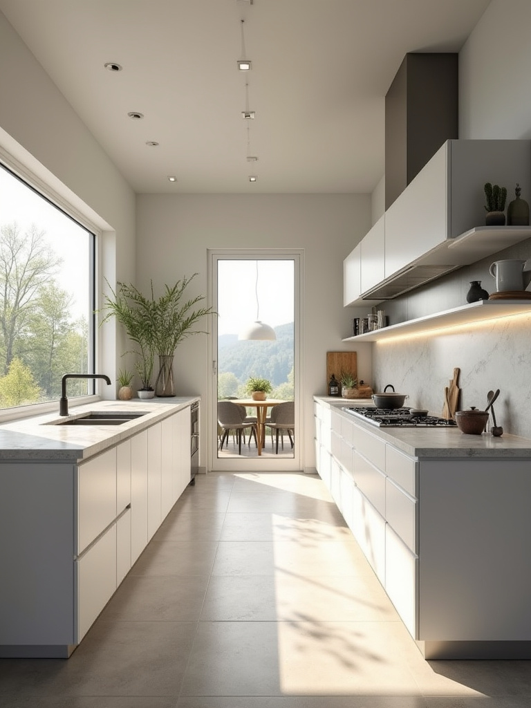 Modern kitchen interior with clearly defined functional zones for cooking, prep, and cleanup, optimized for efficient workflow. Professional, high-angle view with bright lighting.
