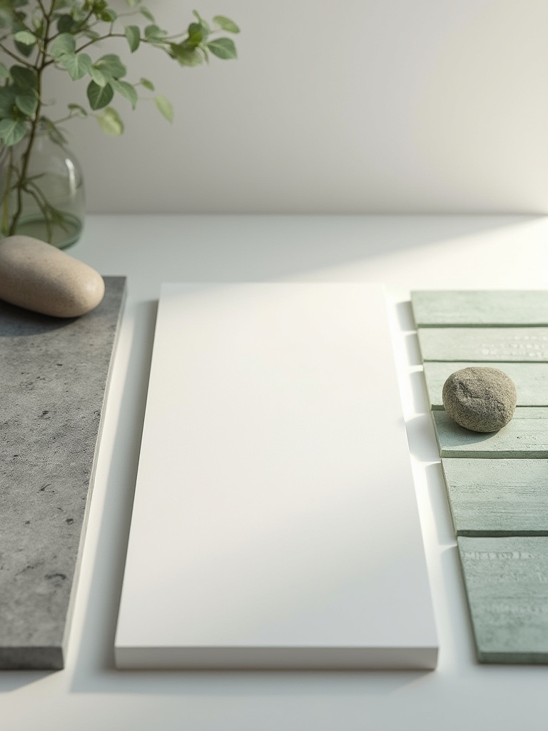 Assortment of modern bathroom tile samples representing minimalist, industrial, and biophilic aesthetics on a clean design table under soft natural light.