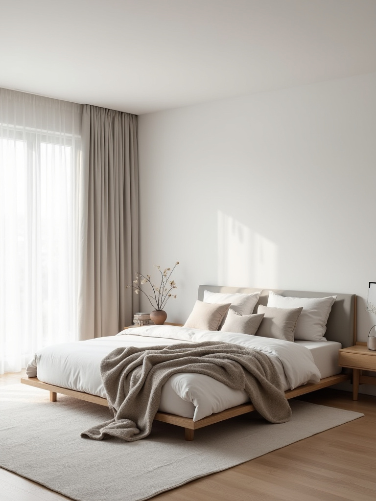 Minimalist Scandinavian modern bedroom interior with a platform bed and natural light, defining a clear aesthetic
