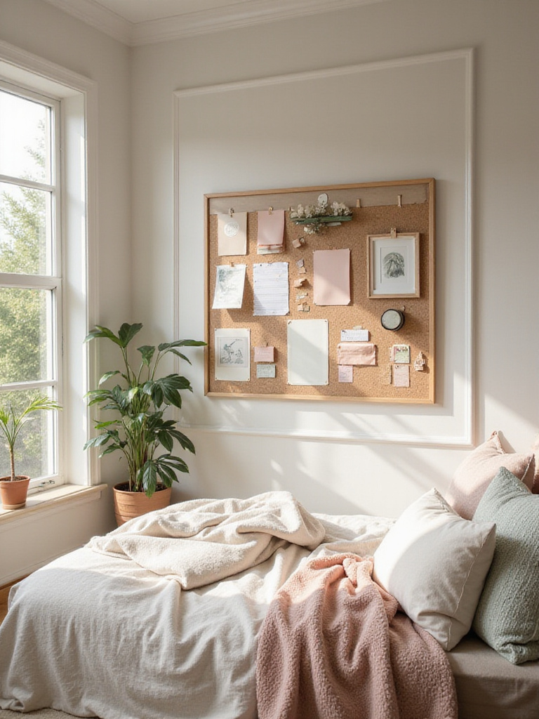 Portrait of a cozy bedroom with a curated vision board and textures