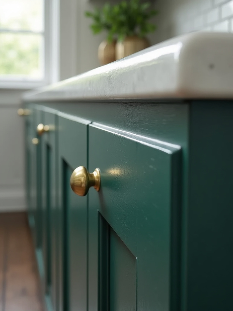 Detailed view of a traditional kitchen corner with deep green inset shaker cabinet, brass hardware, marble countertop, and subway tile, showcasing a defined aesthetic.