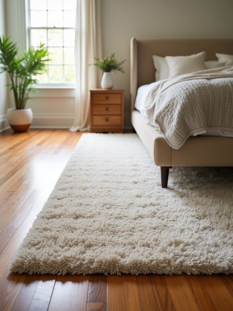 Luxurious bedroom rug showcasing comfort, style, and acoustic benefits, beautifully integrated into an elegant room with a modern bed and hardwood floors.