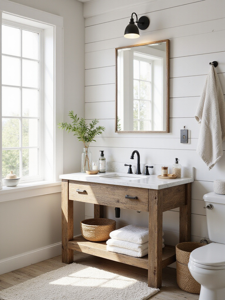 Portrait shot of a farmhouse bathroom vanity with rustic and modern details in soft light