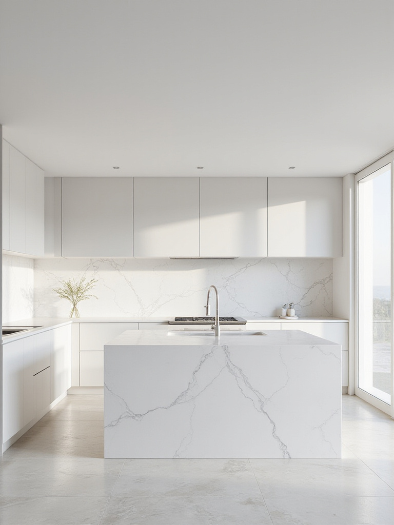 A modern kitchen interior featuring pristine light-colored cabinets, luxurious marble countertops, and un-tiled wall areas, symbolizing a blank canvas where overall kitchen style is defined before selecting kitchen tiles.