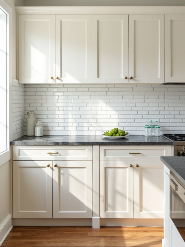 An elegant traditional kitchen featuring a classic white subway tile backsplash from counter to cabinet, providing wall protection and visual cohesion between granite countertops and painted wooden cabinets.