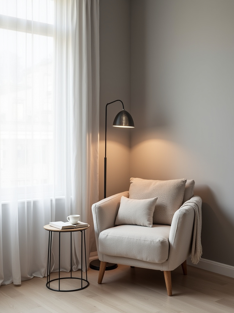 A beautifully designed modern bedroom seating nook with a plush armchair, side table, and floor lamp, illuminated by natural light for relaxation and reading.