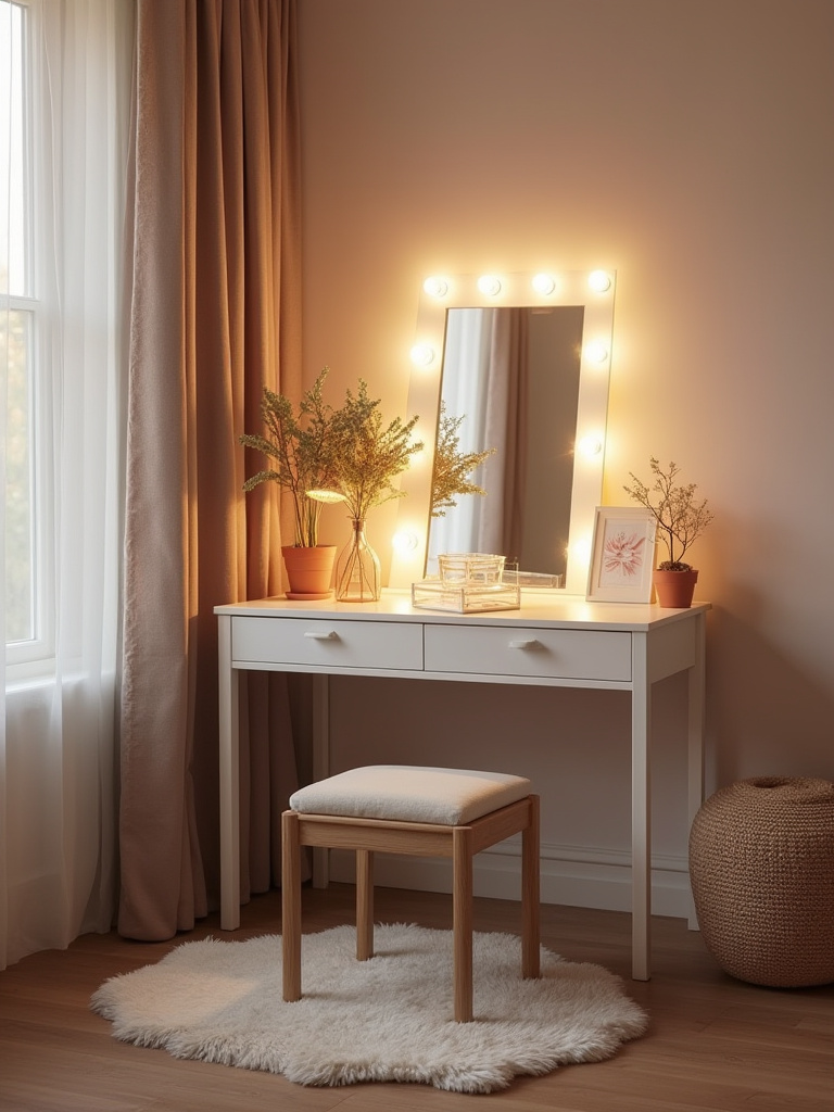 Elegant personalized vanity desk space with mirror, plants, and organizers
