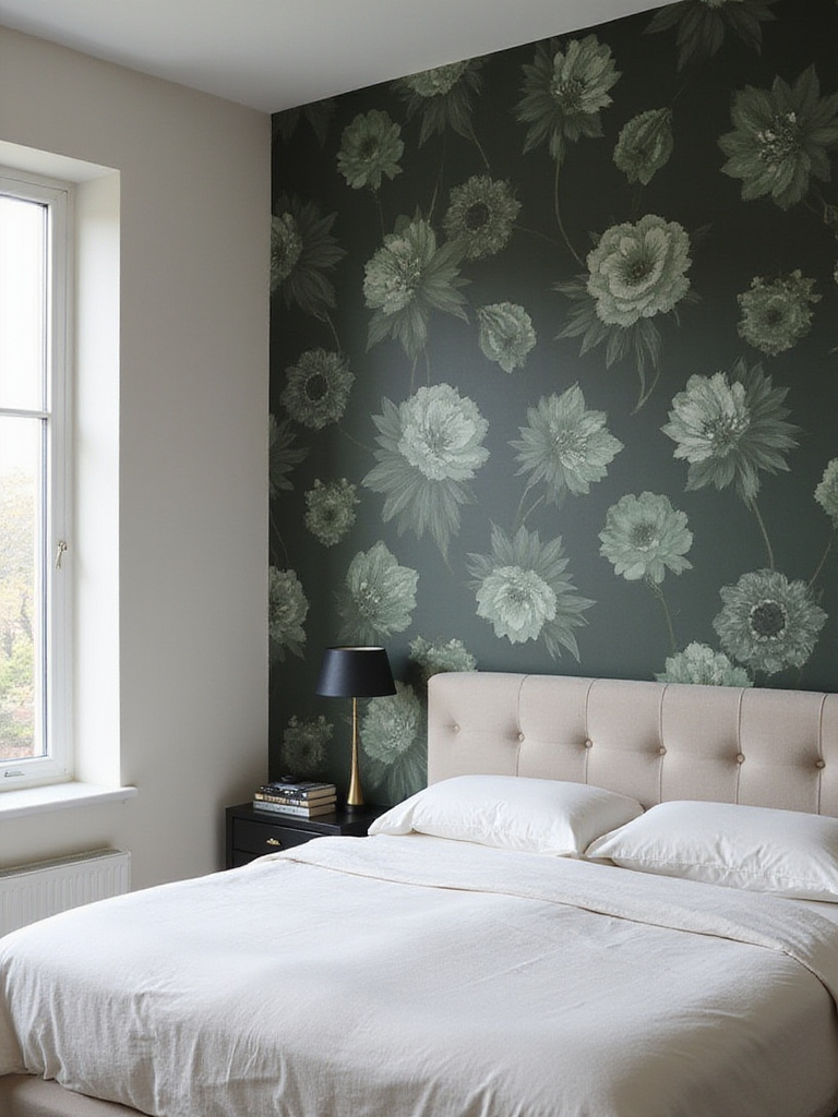 Elegant bedroom with a dark botanical wallpaper accent wall behind a minimalist headboard, featuring oversized floral patterns in muted tones and soft natural light.