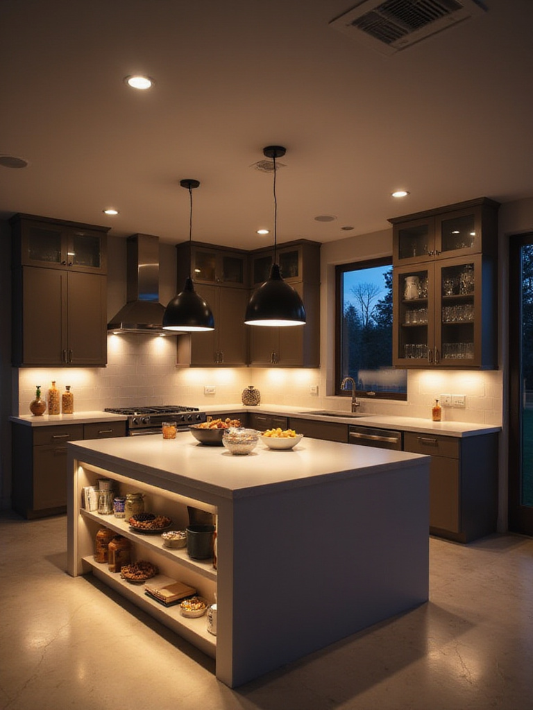 Modern kitchen with layered lighting, showing under-cabinet task lights, recessed ambient lights, and stylish island pendants for an effective lighting scheme.