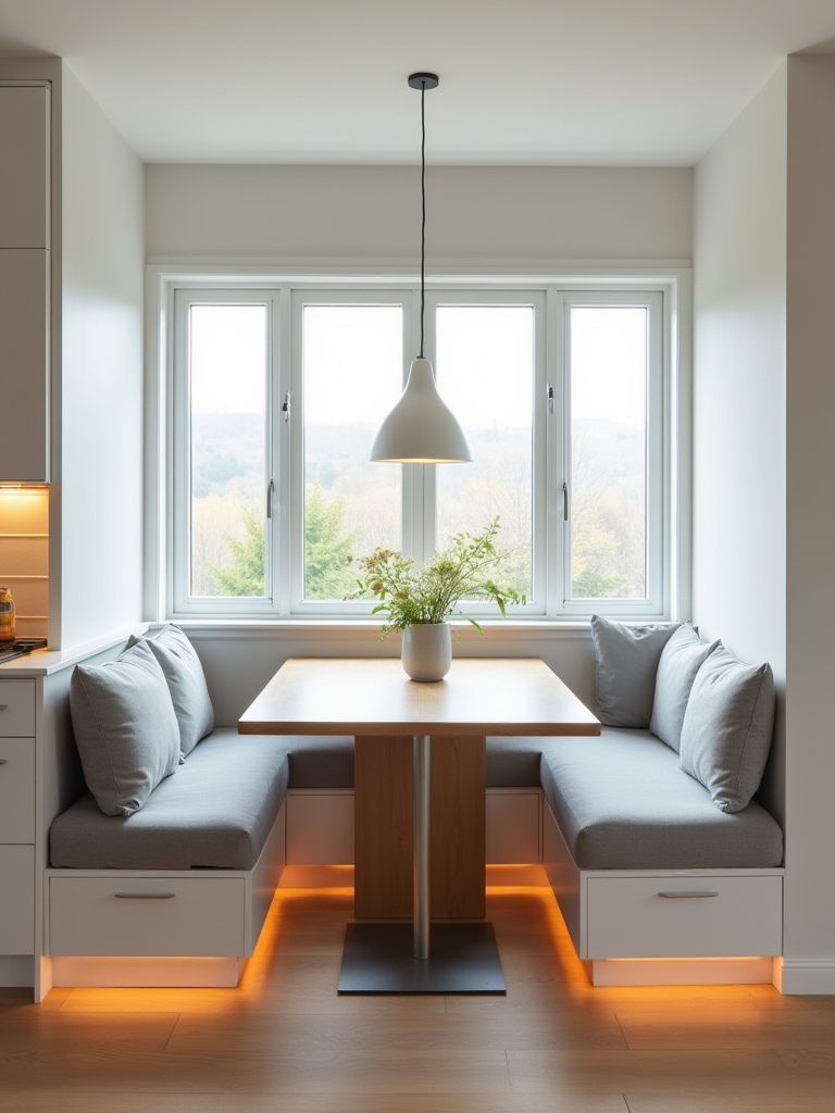 Modern kitchen with integrated dining nook featuring a built-in banquette, wood table, and pendant lighting for a cohesive seating area.
