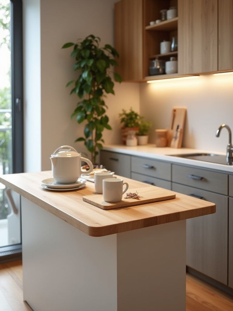Vertical shot of a small kitchen island with clearly zoned areas for prep, beverage, and serving.