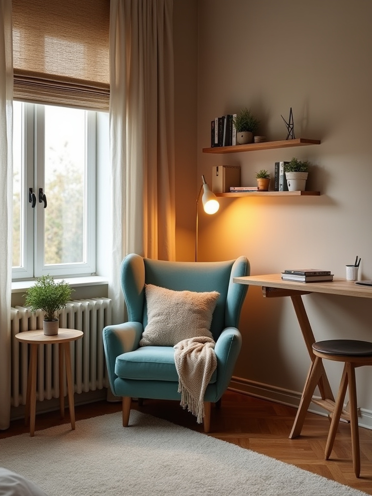 Portrait of a cozy bedroom reading nook and work-from-home corner with warm lighting