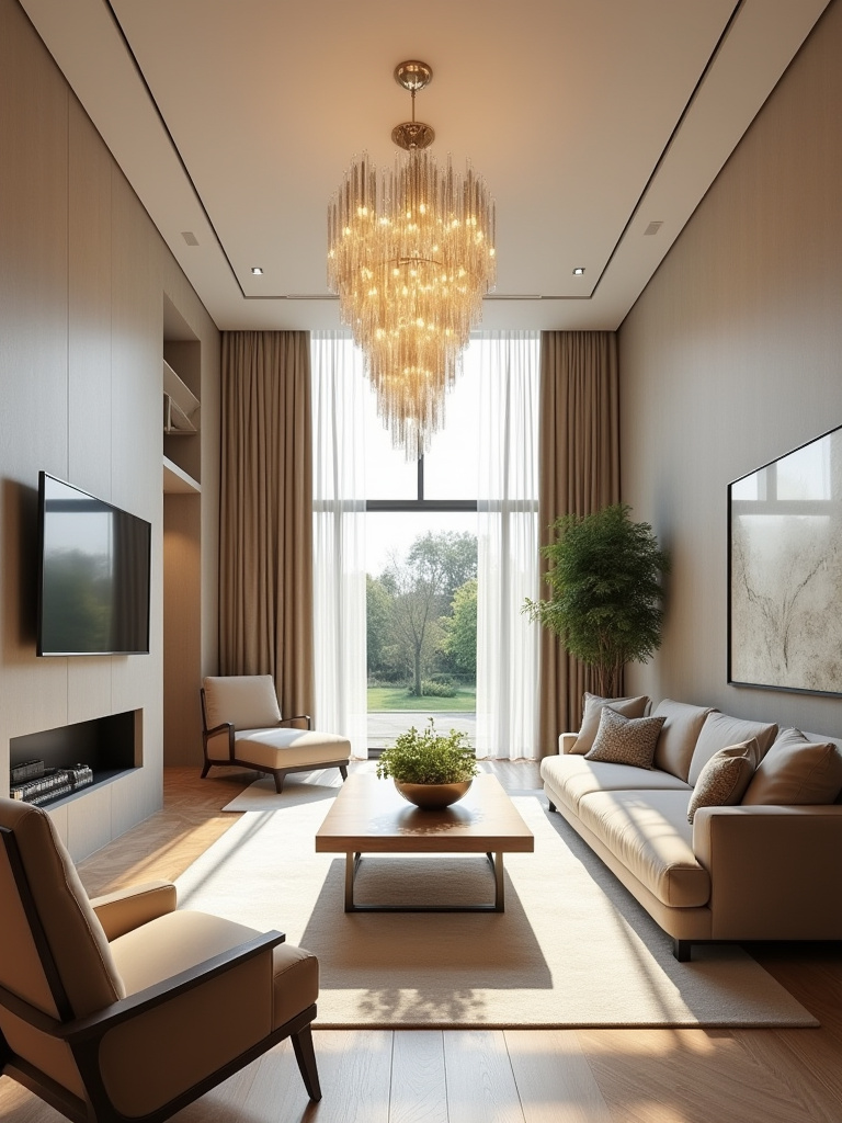 Living room with high ceilings and a perfectly sized chandelier, illustrating ideal fixture placement for optimal lighting design and aesthetic balance.
