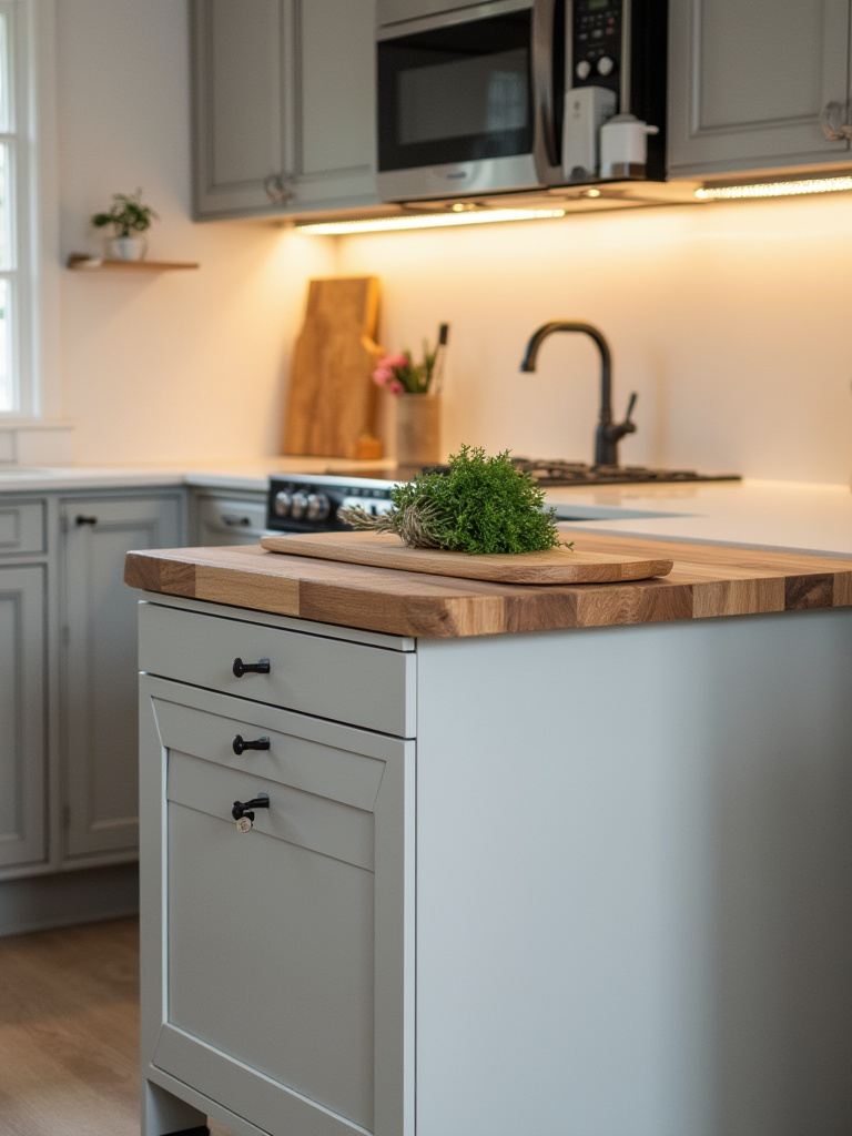 Portrait of a prep-focused kitchen island in a small kitchen with wide butcher-block surface and integrated storage.