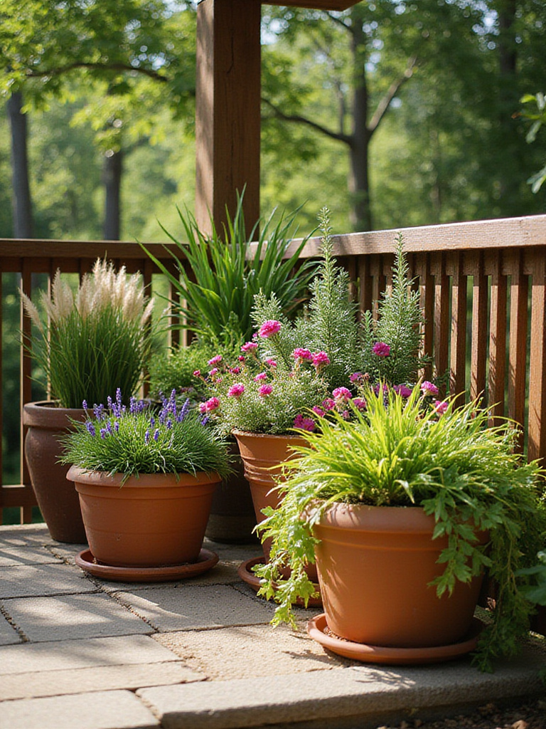 Patio container garden arranged for sustainable watering planning
