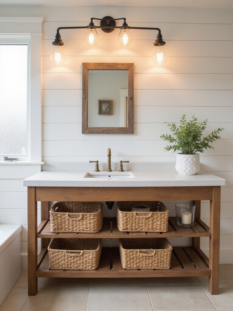 Portrait of a farmhouse bathroom vanity with wood cabinet, white countertop, and open shelving