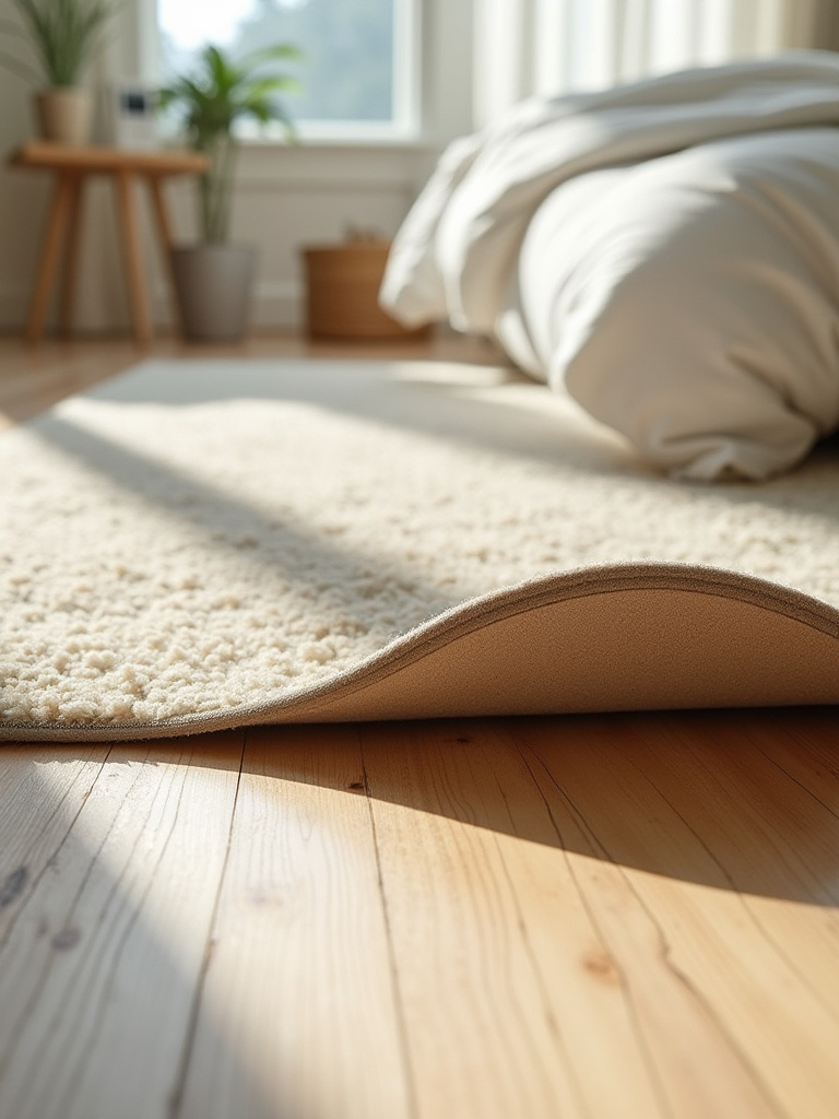 A close-up of a cozy bedroom rug with one corner gently lifted, revealing a grey felt and rubber non-slip rug pad securely gripping a light wooden floor, emphasizing stability and safety.