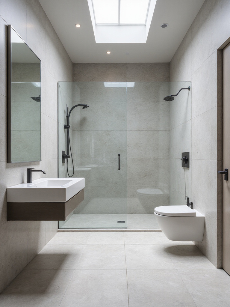 A luxurious modern bathroom with light grey large format tiles on floors and walls, creating a seamless and spacious environment with a floating vanity and frameless shower.