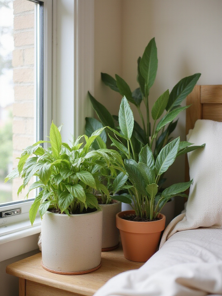 Bedroom nook with lush easy-care indoor plants on a nightstand and shelf, soft natural light