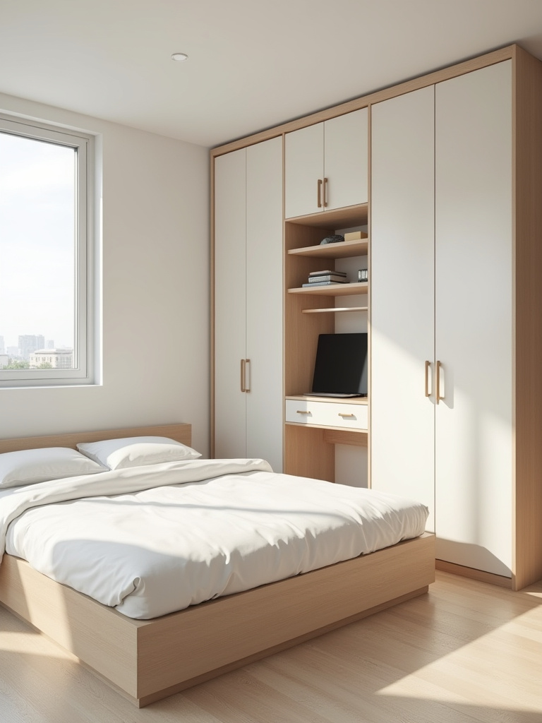 Portrait view of a compact bedroom with a bed, built-in storage, and a fold-down desk