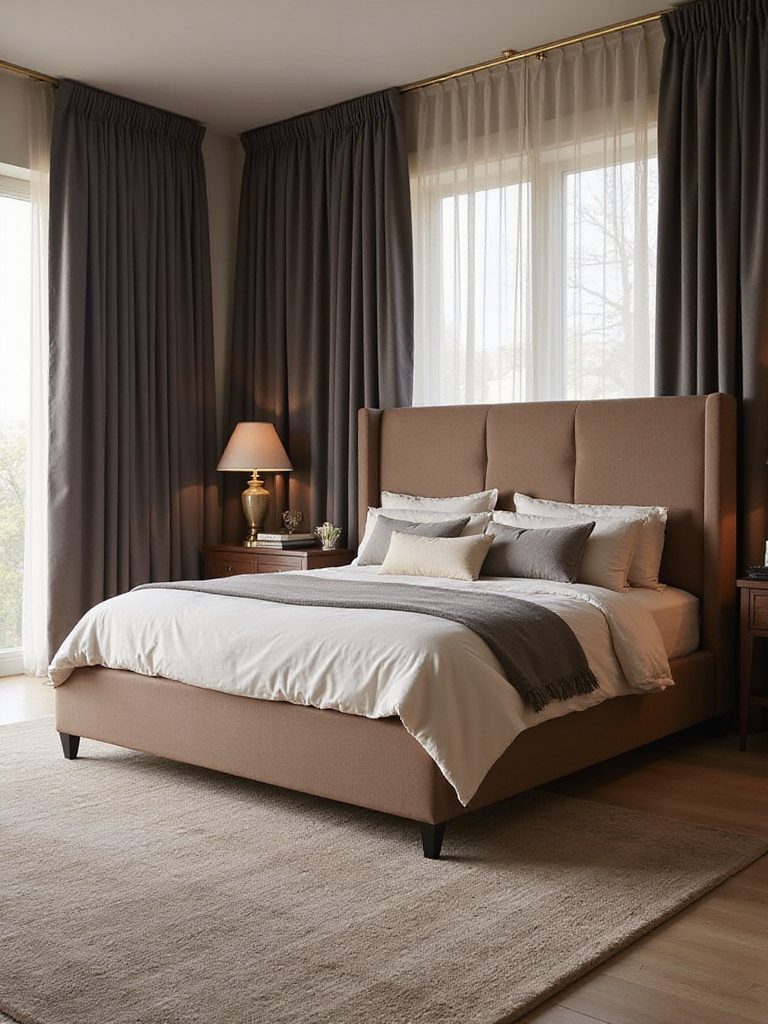 Luxurious bedroom with layered textiles: rug, velvet curtains, warm lighting