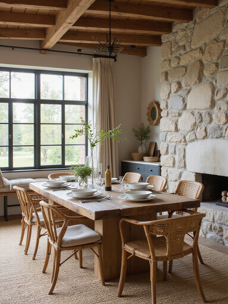 Rustic dining room portrait emphasizing natural untreated materials: solid wood table, stone accents, woven chairs