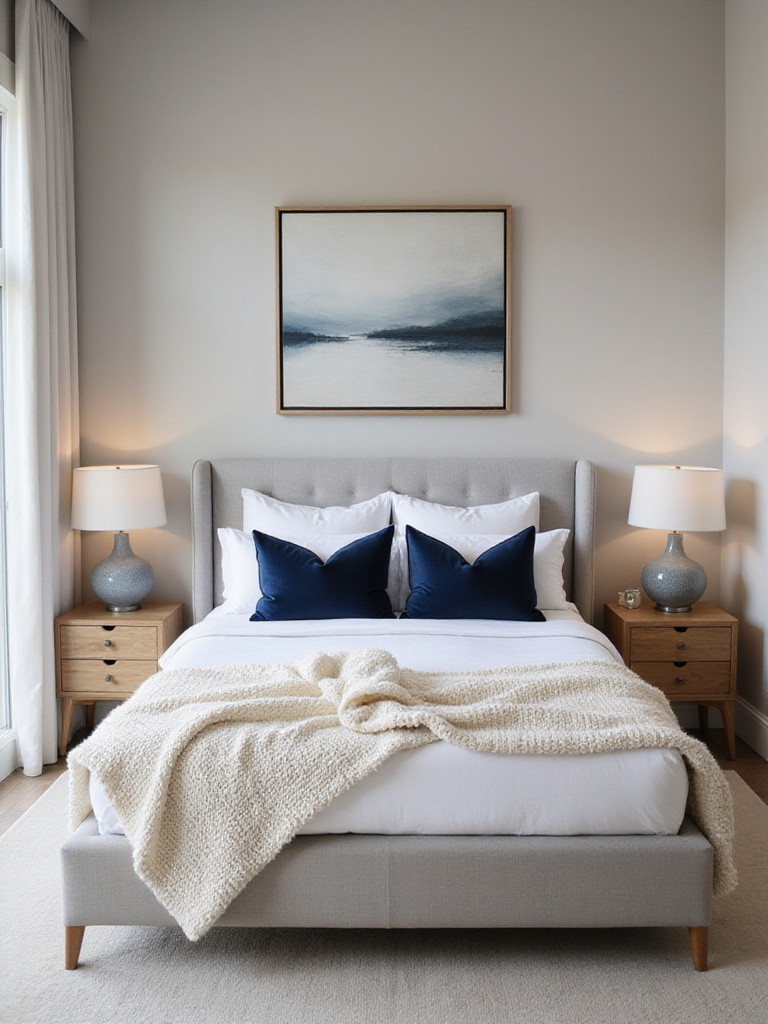A tranquil modern bedroom featuring soft greige walls, a light grey upholstered bed, and crisp white linen bedding. Deep indigo velvet throw pillows and an abstract art piece with blue and grey tones provide sophisticated accents. Natural oak nightstands and lamps complement the neutral design.