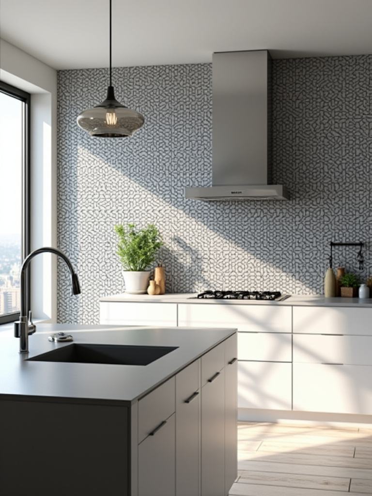 Modern kitchen with a full backsplash featuring black and white hexagonal geometric tiles, sleek island, natural lighting.