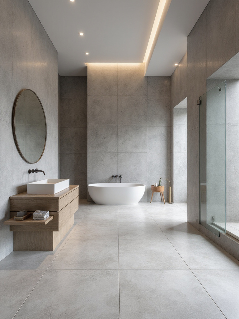 Modern bathroom with continuous light gray polished concrete-look tiles extending from floor to walls, featuring a floating vanity and frameless shower for an immersive, sophisticated design.