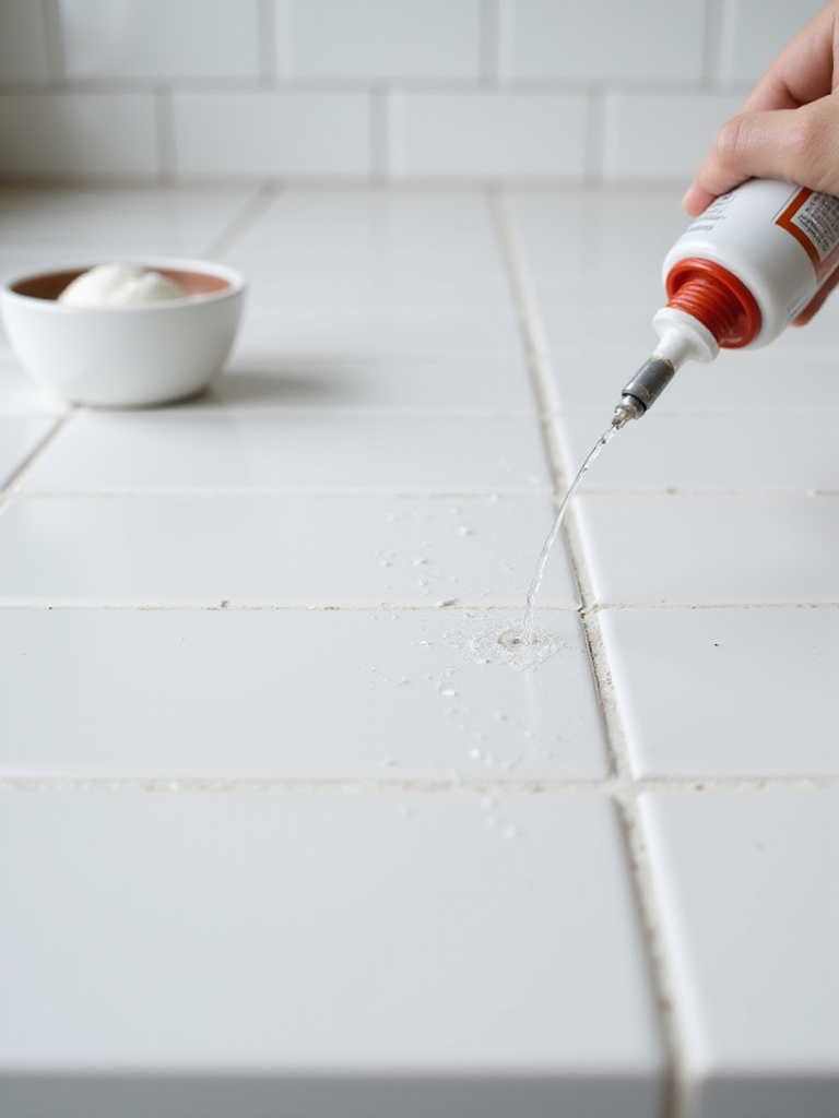 Close-up of a kitchen tile backsplash with a specialized applicator applying clear grout sealer to the light-colored grout lines, showing the process of stain prevention. The tiles are clean and bright.