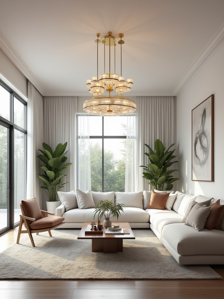 A beautifully proportioned multi-tier brass chandelier hanging centrally in a modern living room with a large modular sofa, illustrating perfect scale and balance.