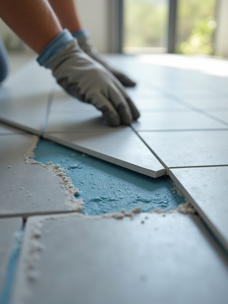Close-up of modern gray porcelain bathroom tiles being expertly installed on a perfectly level surface with visible waterproofing membrane, showcasing precision and professional tile installation techniques for a flawless finish.