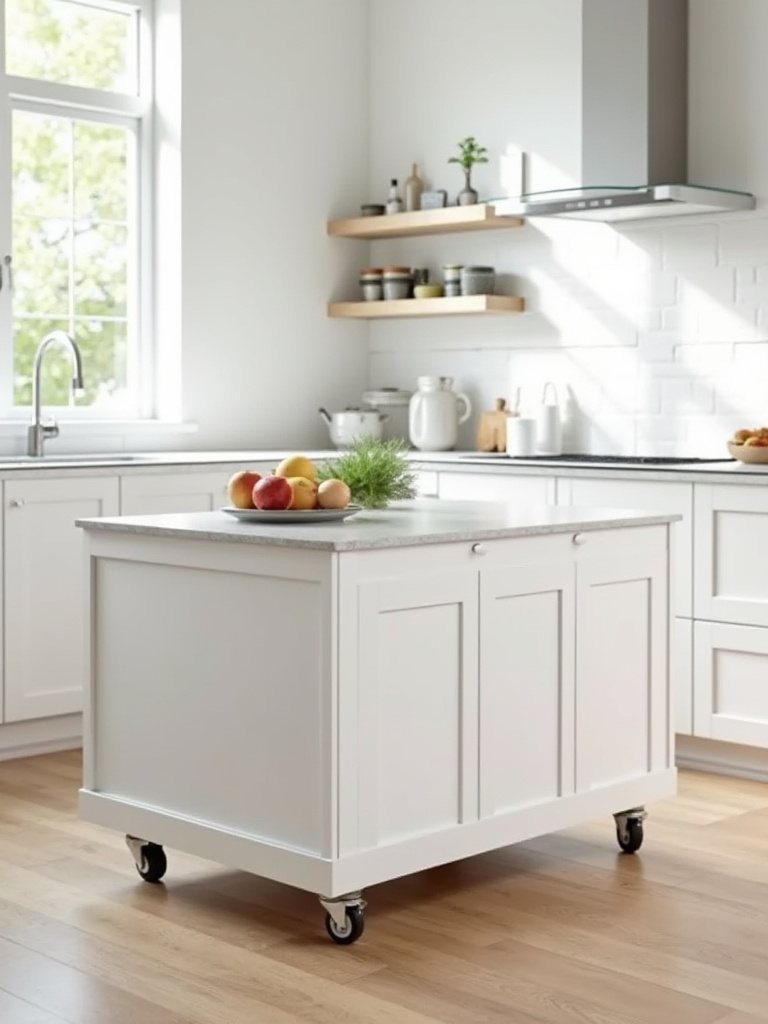 Portrait view of a portable kitchen island on stable locking casters in a small kitchen.