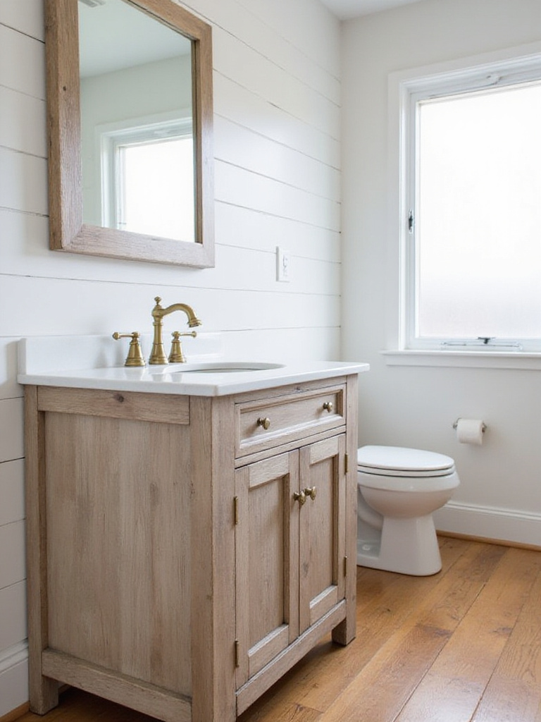 Vertical farmhouse bathroom vanity with exposed plumbing behind a panel, ready for installation.