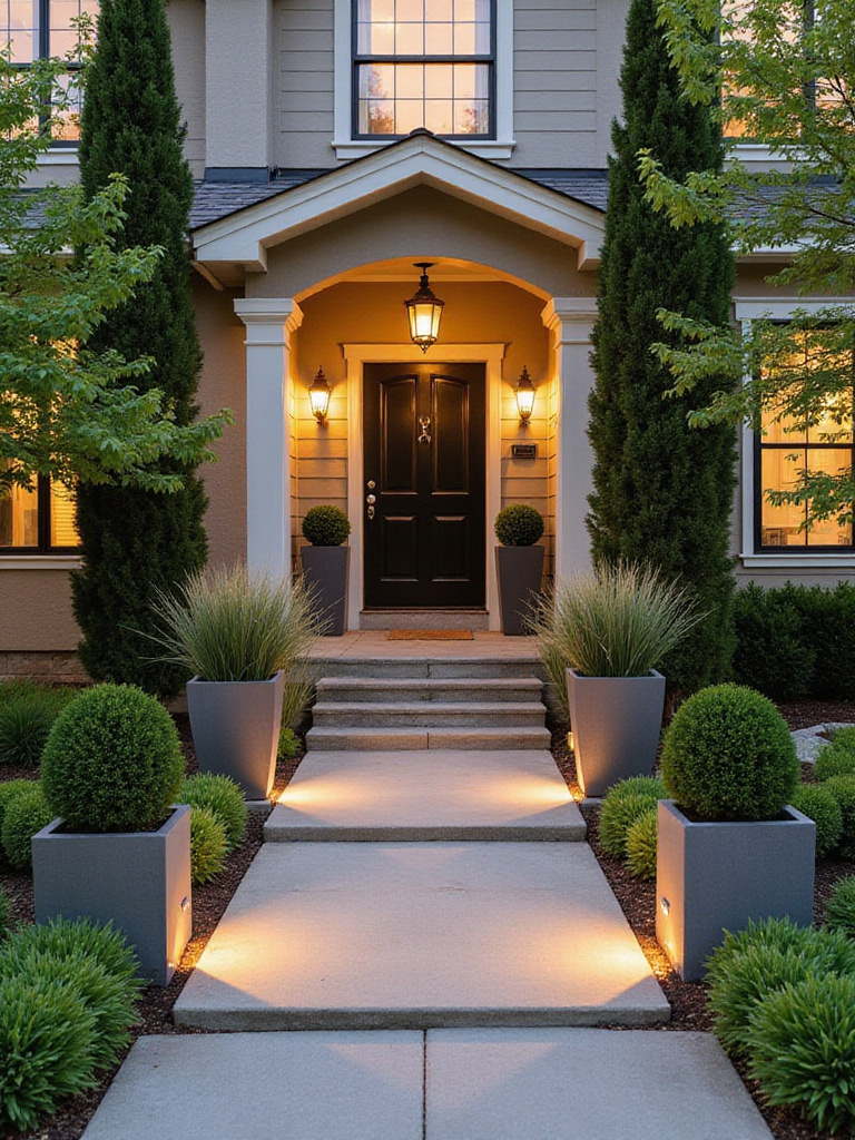 Portrait of a front yard with cohesive decor and warm lighting, no people