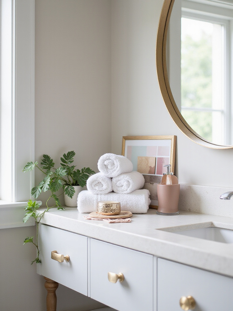 A serene bathroom interior displaying perfectly coordinated bathroom accessories in a cohesive color palette, with a subtle mood board of swatches, representing harmonized decor choices.