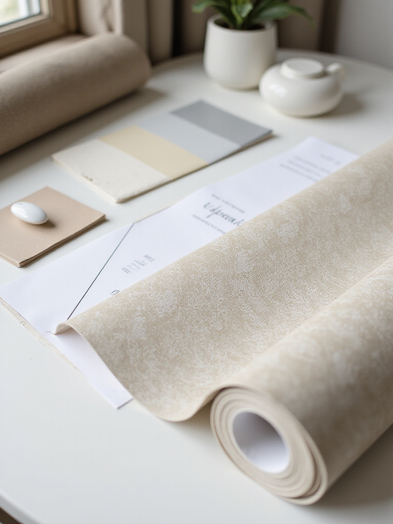 Neatly arranged wallpaper samples and fabric swatches on a desk, representing a carefully planned bedroom wallpaper budget.