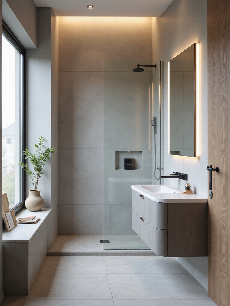 Portrait of a modern small bathroom planning setup with mood boards and tile swatches