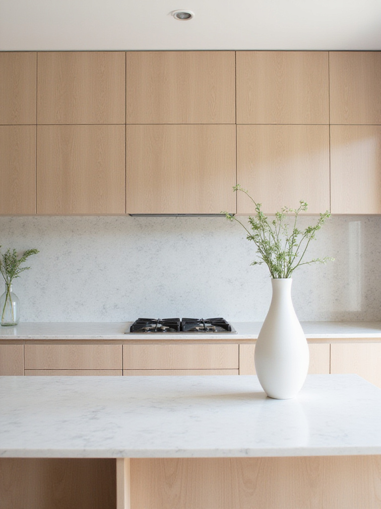 Bright, minimalist kitchen with sleek cabinets and a large island, meticulously organized, representing a well-planned and budgeted kitchen remodel project, bathed in soft, diffused natural light from a large window, taken from a slightly elevated eye-level perspective to showcase the overall design without showing people or budget tools.