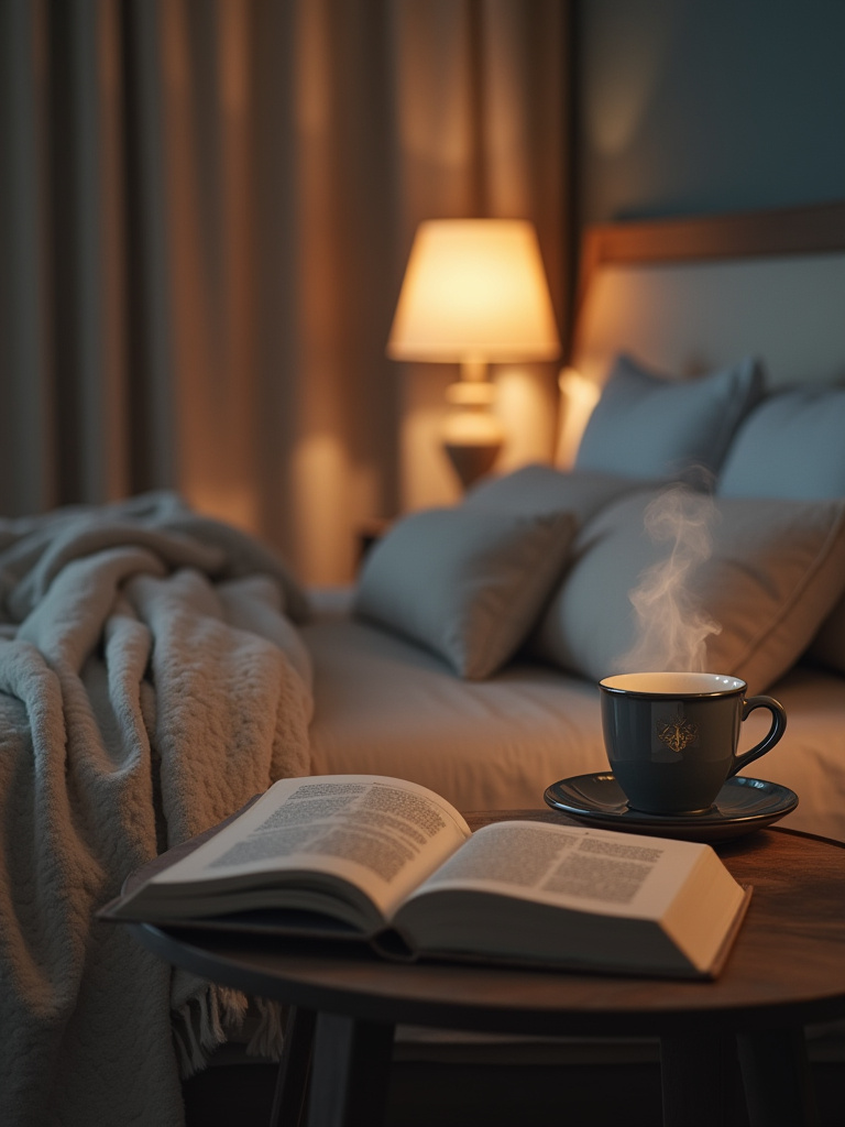 Cozy bedroom setting with an open book, tea, and essential oil diffuser on a nightstand, representing a relaxing nightly wind-down routine for improved sleep.