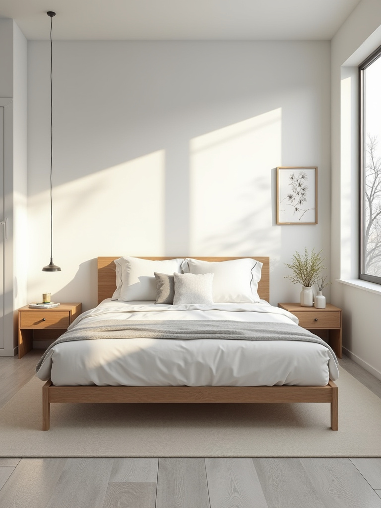 A minimalist modern bedroom, clean and organized, with soft light, showcasing a tidy nightstand and bed, reflecting a decluttered living space.