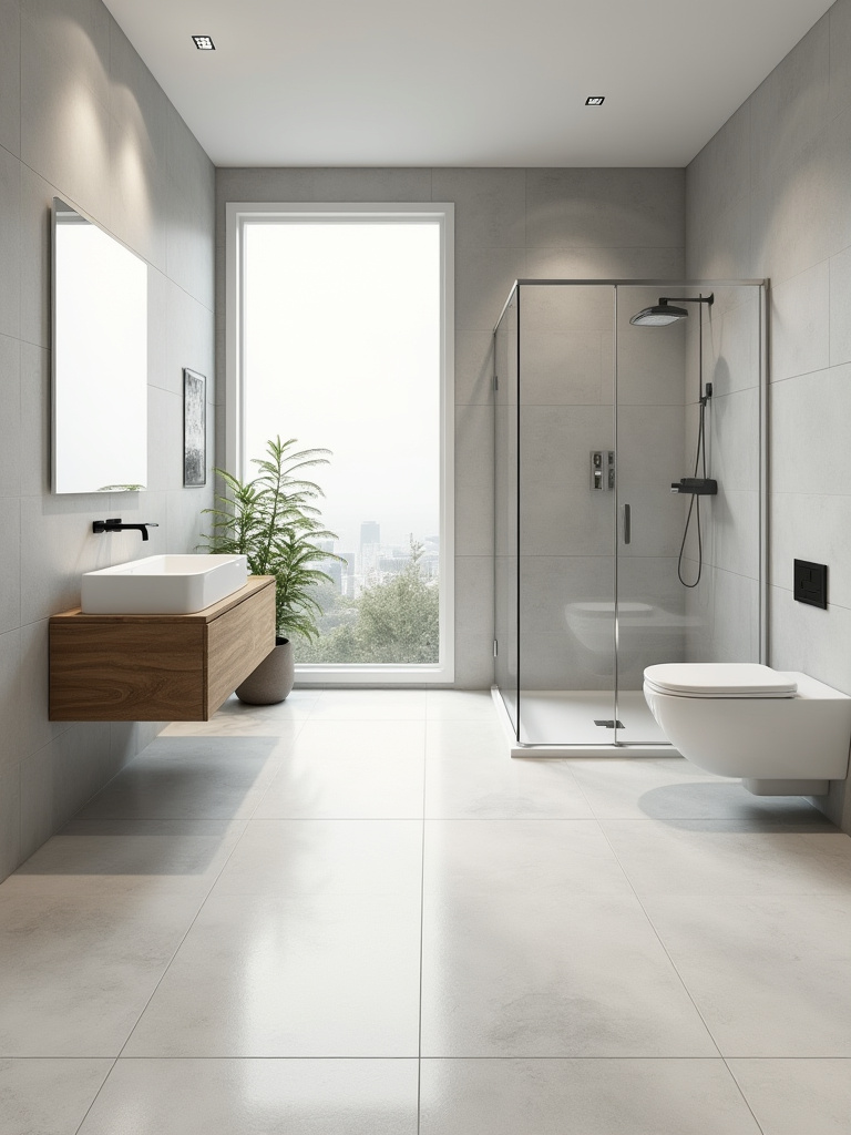 Modern bathroom interior with large format tiles, showcasing optimal tile proportions for an evaluated bathroom size and layout.